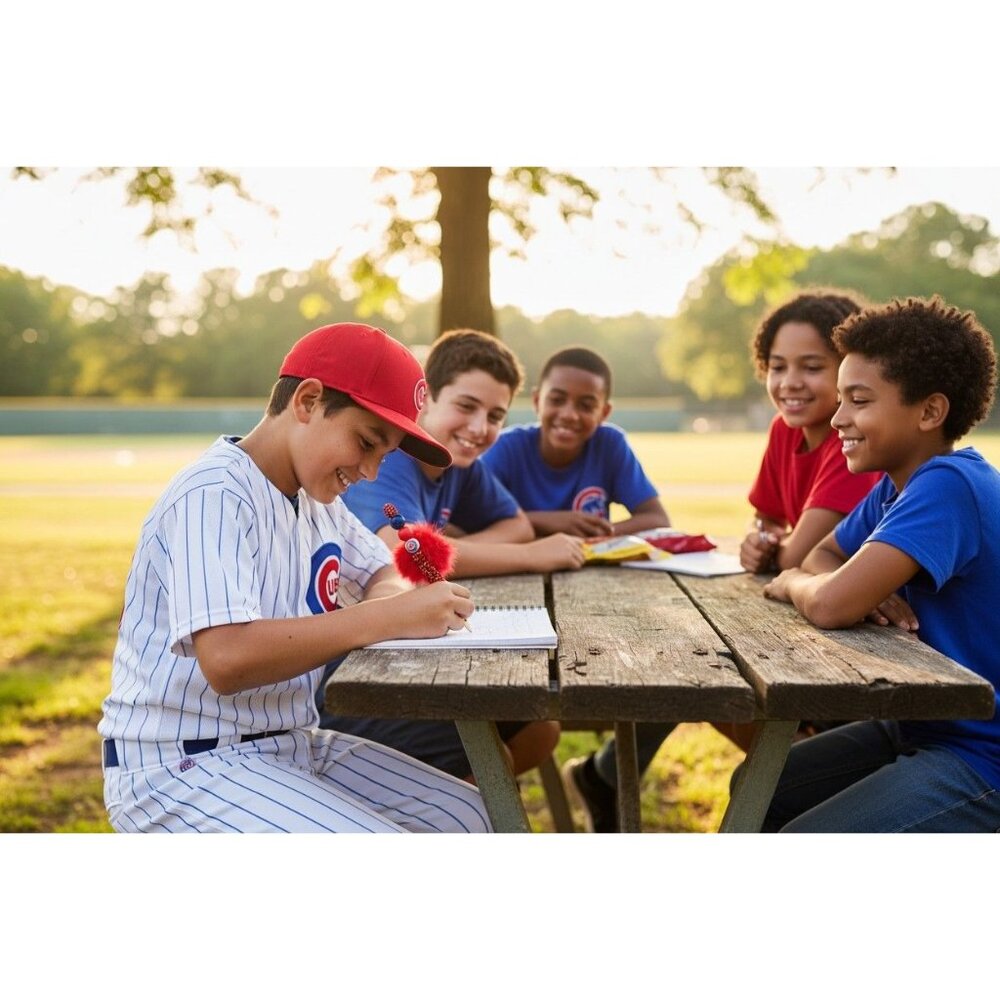 Chicago Cubs-Themed Glitter Pen With Pom-Pom And Beaded Design